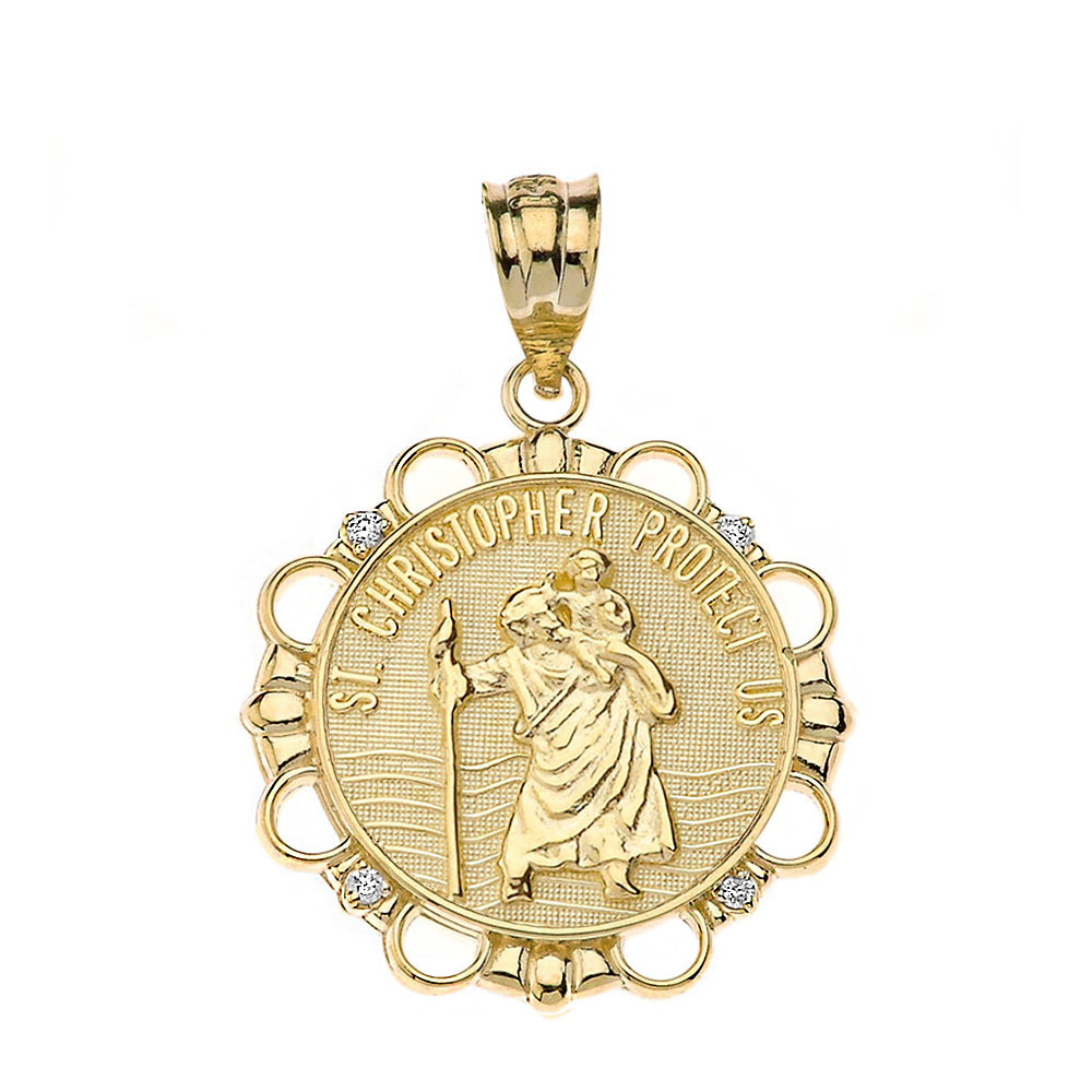 Solid Gold Diamond Saint Christopher Pray For Us Circle Pendant Necklace, view 2