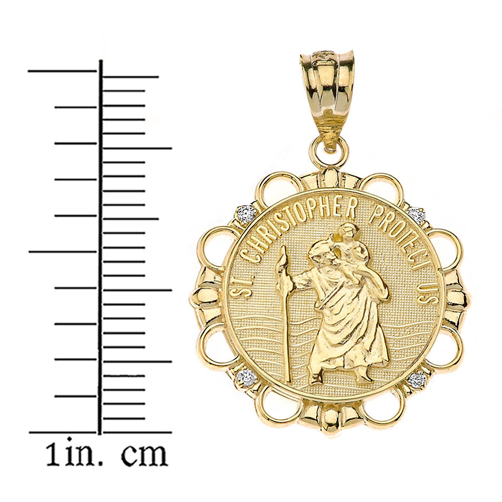Solid Gold Diamond Saint Christopher Pray For Us Circle Pendant Necklace, view 3