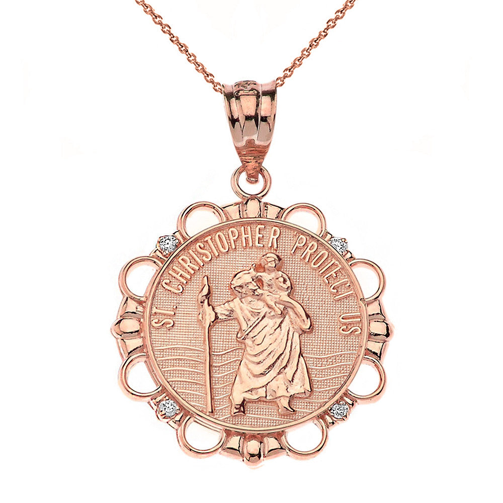 Solid Gold Diamond Saint Christopher Pray For Us Circle Pendant Necklace, view 4