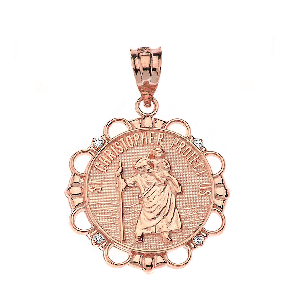 Solid Gold Diamond Saint Christopher Pray For Us Circle Pendant Necklace, view 5