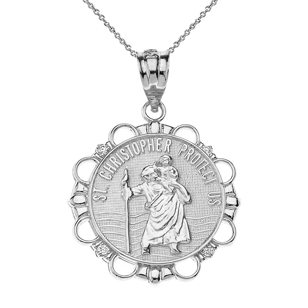Solid Gold Diamond Saint Christopher Pray For Us Circle Pendant Necklace, view 7