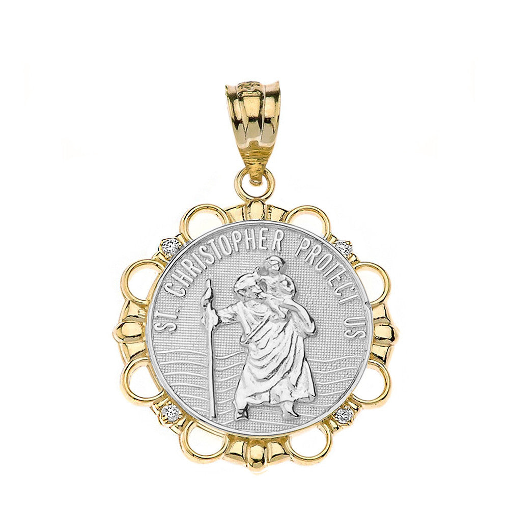 Solid Gold Diamond Saint Christopher Pray For Us Circle Pendant Necklace, view 10