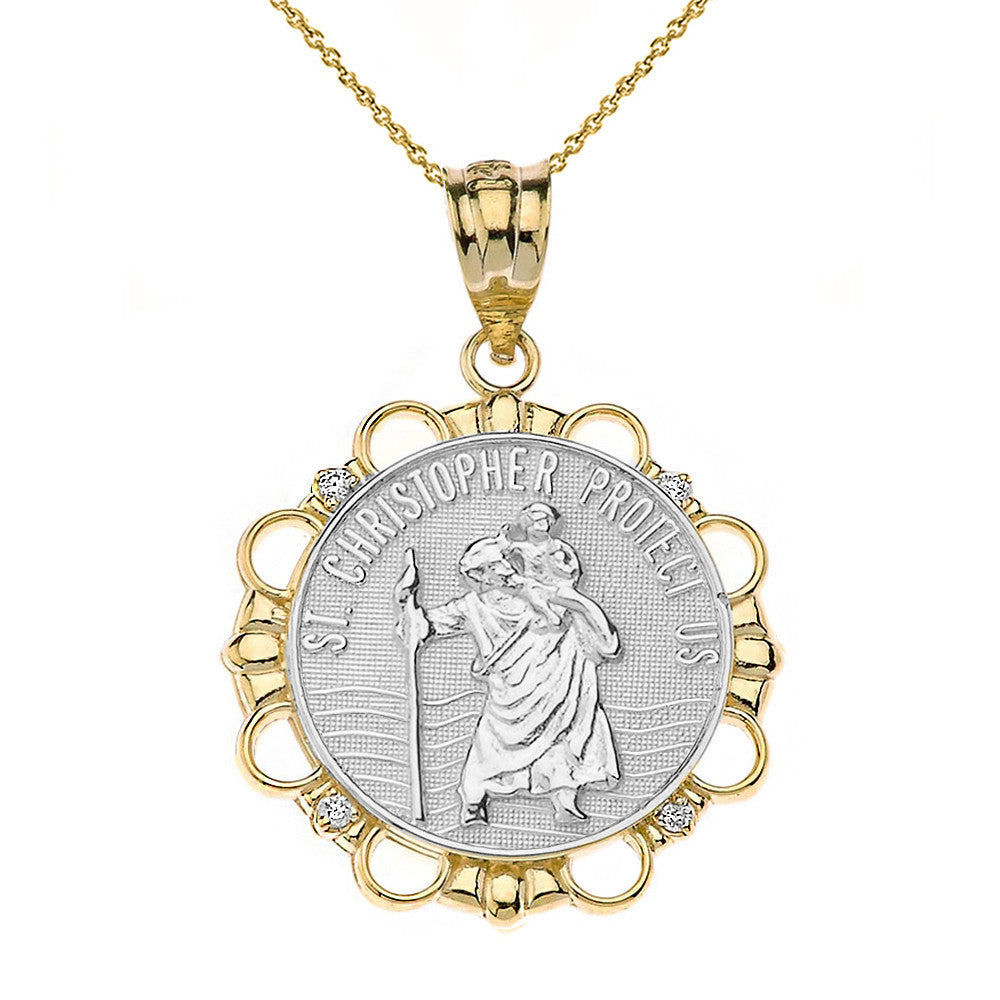 Solid Gold Diamond Saint Christopher Pray For Us Circle Pendant Necklace, view 11