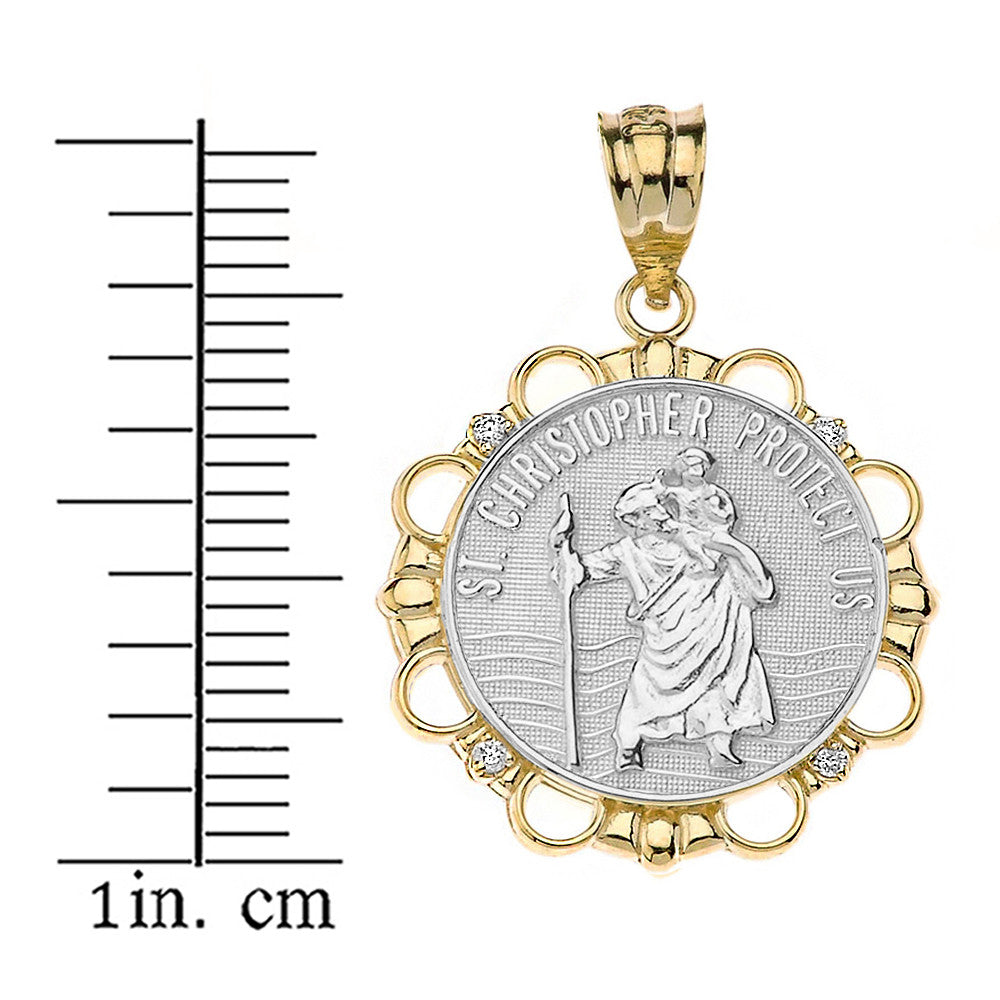 Solid Gold Diamond Saint Christopher Pray For Us Circle Pendant Necklace, view 12