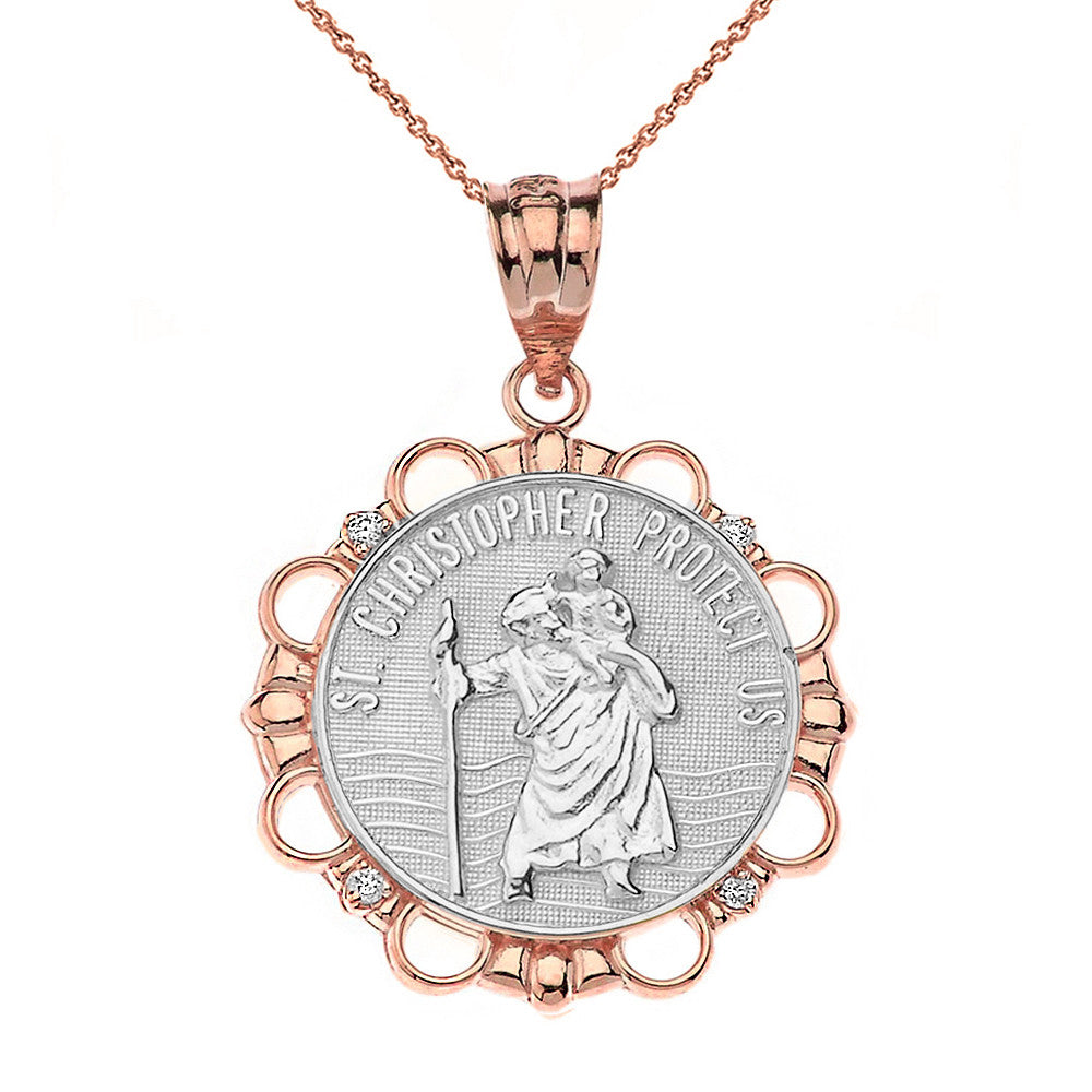 Solid Gold Diamond Saint Christopher Pray For Us Circle Pendant Necklace, view 13