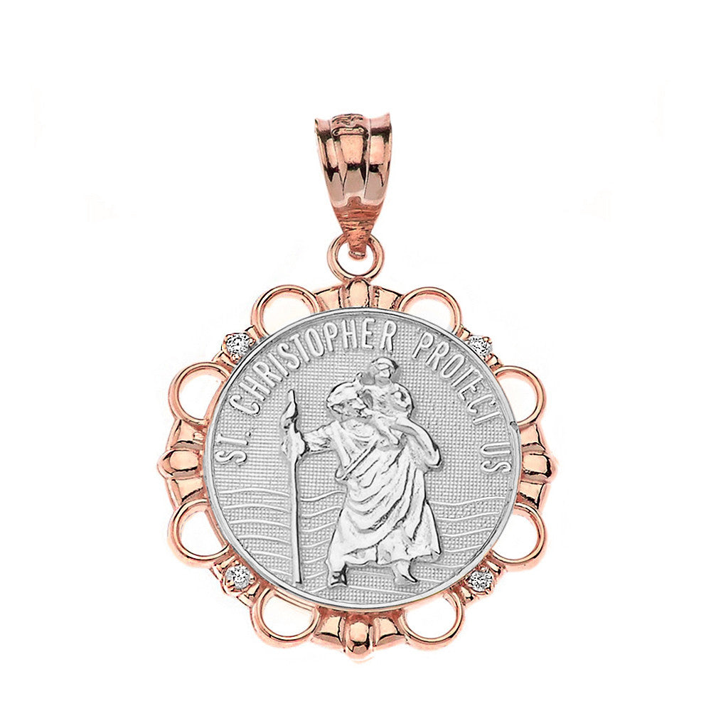 Solid Gold Diamond Saint Christopher Pray For Us Circle Pendant Necklace, view 14