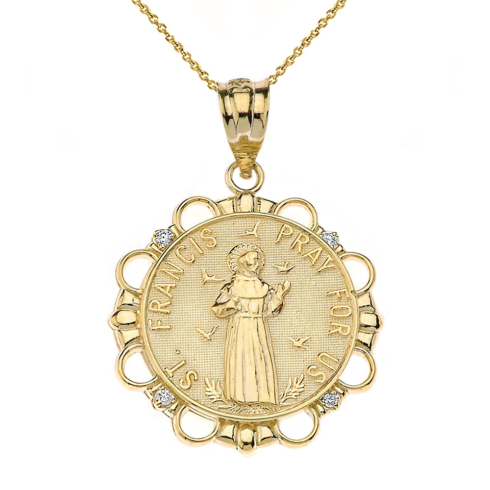 Solid Gold Diamond Saint Francis Pray For Us Circle Pendant Necklace