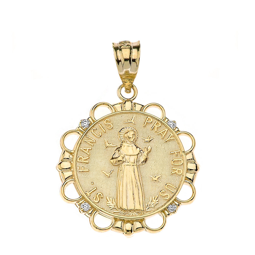 Solid Gold Diamond Saint Francis Pray For Us Circle Pendant Necklace, view 2