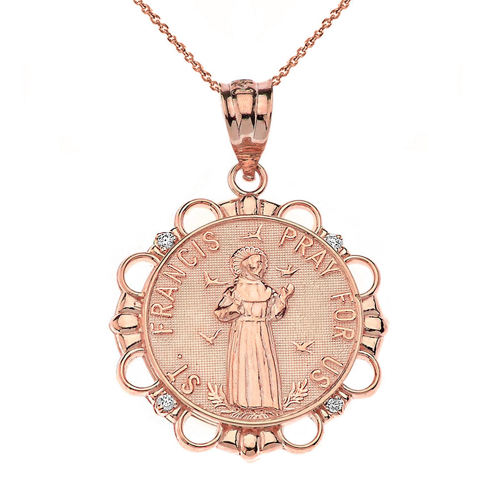 Solid Gold Diamond Saint Francis Pray For Us Circle Pendant Necklace, view 4