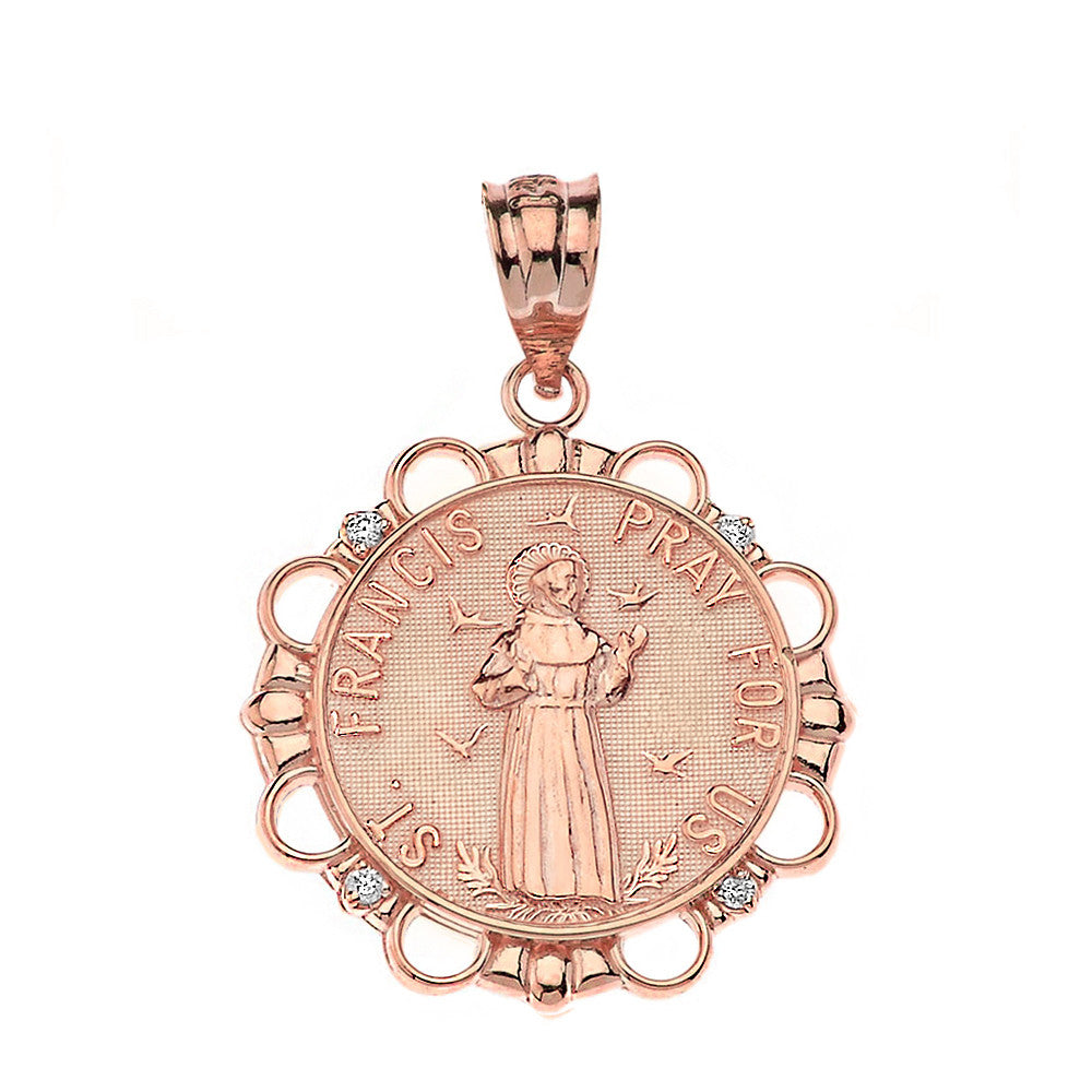 Solid Gold Diamond Saint Francis Pray For Us Circle Pendant Necklace, view 5