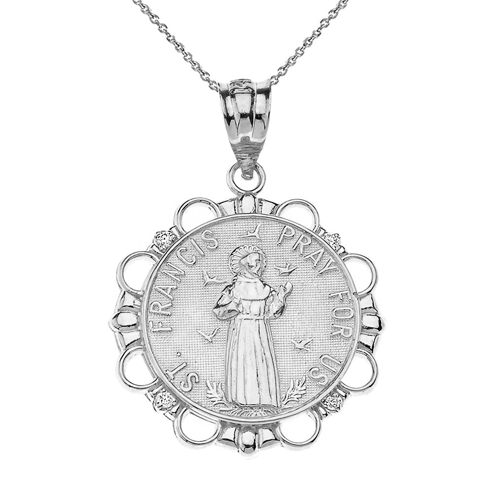 Solid Gold Diamond Saint Francis Pray For Us Circle Pendant Necklace, view 7