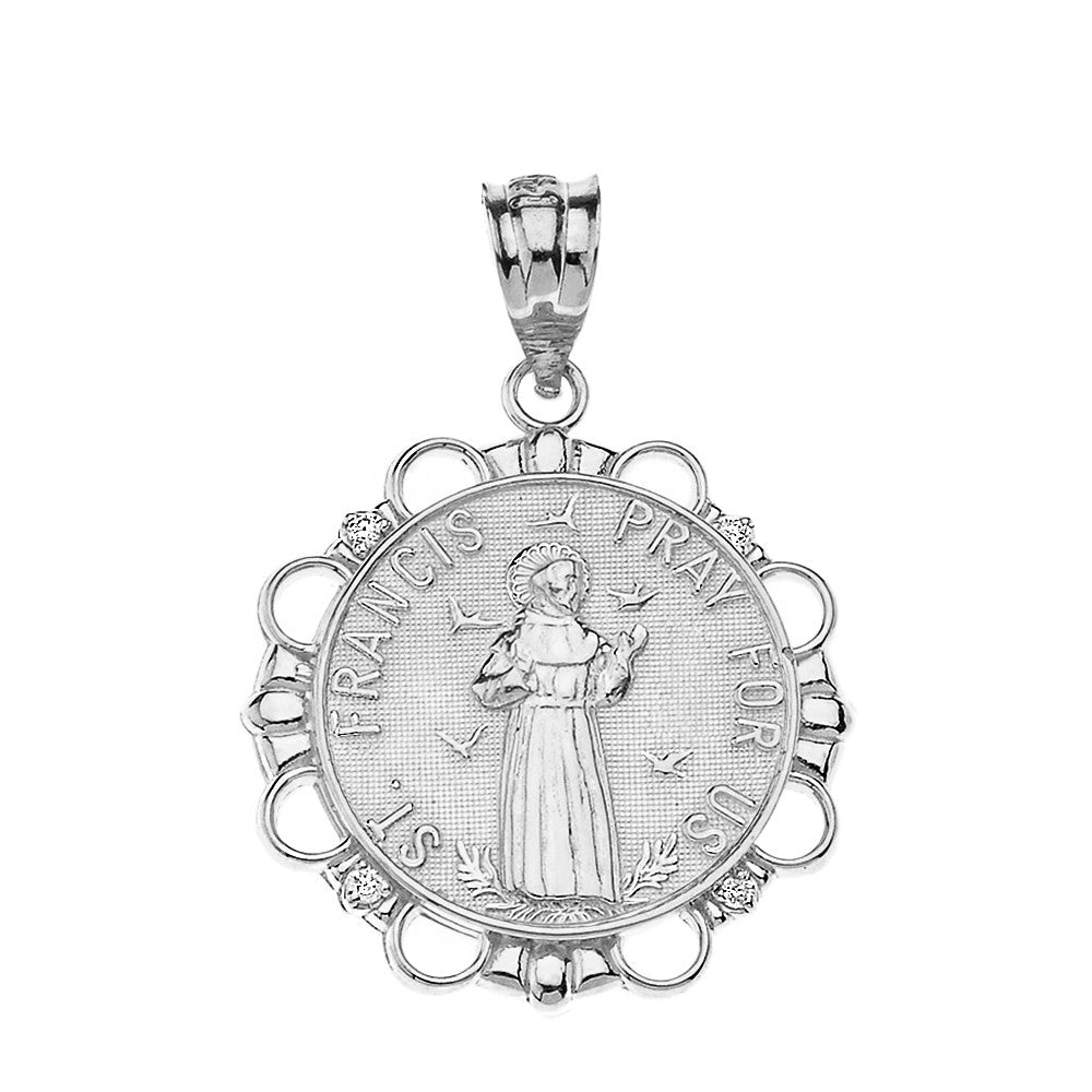 Solid Gold Diamond Saint Francis Pray For Us Circle Pendant Necklace, view 8