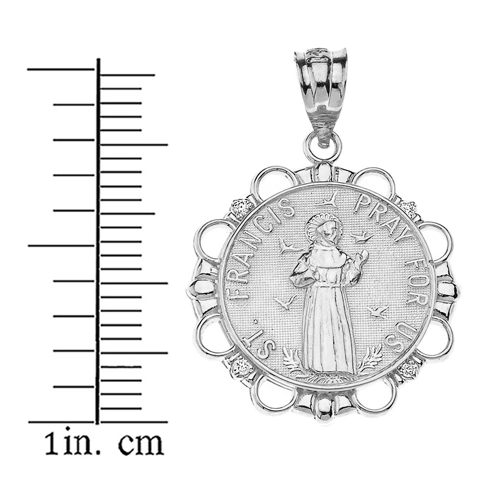 Solid Gold Diamond Saint Francis Pray For Us Circle Pendant Necklace, view 9