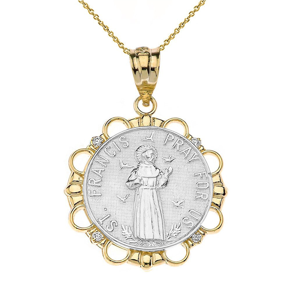 Solid Gold Diamond Saint Francis Pray For Us Circle Pendant Necklace, view 10