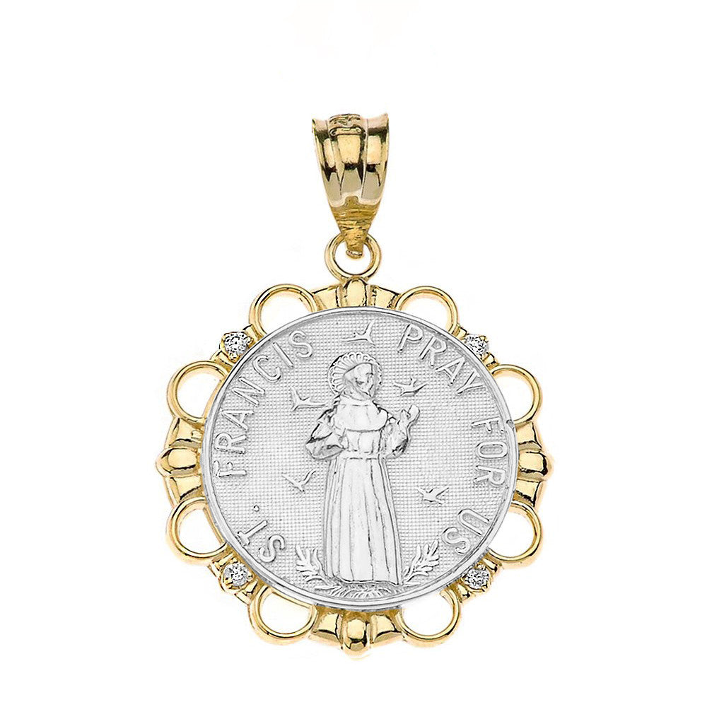 Solid Gold Diamond Saint Francis Pray For Us Circle Pendant Necklace, view 11