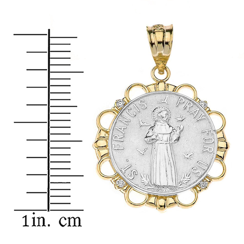 Solid Gold Diamond Saint Francis Pray For Us Circle Pendant Necklace, view 12