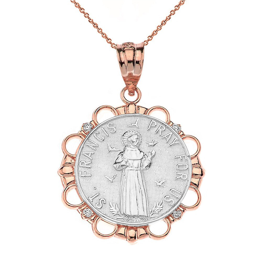 Solid Gold Diamond Saint Francis Pray For Us Circle Pendant Necklace, view 13