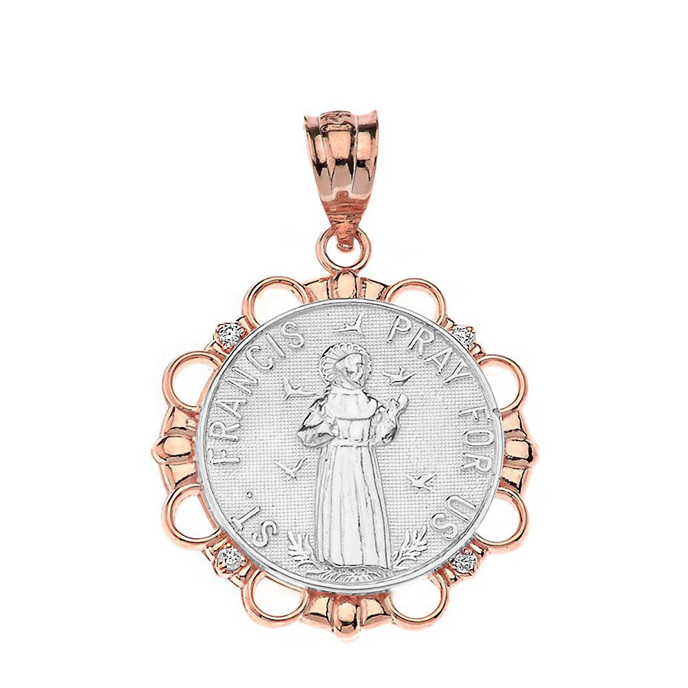 Solid Gold Diamond Saint Francis Pray For Us Circle Pendant Necklace, view 14