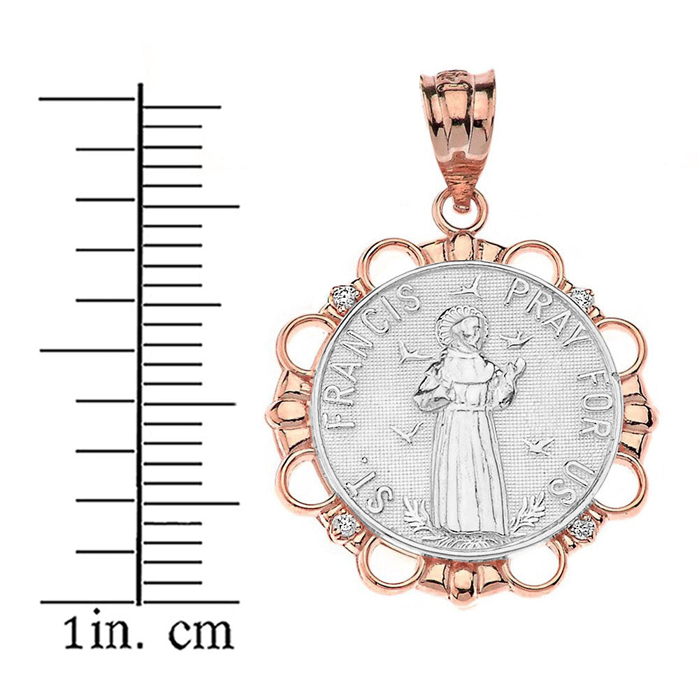 Solid Gold Diamond Saint Francis Pray For Us Circle Pendant Necklace, view 15