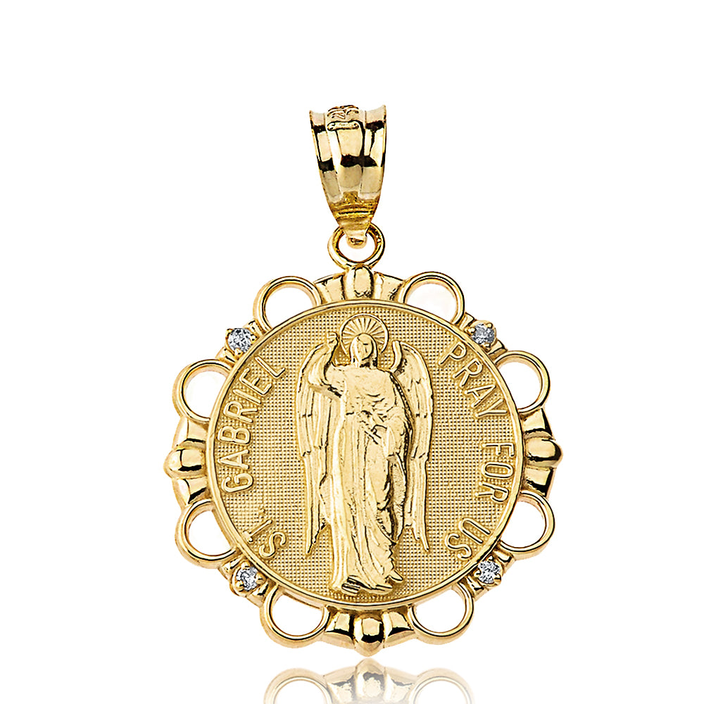 Solid Gold Diamond Saint Gabriel Pray For Us Circle Pendant Necklace, view 2