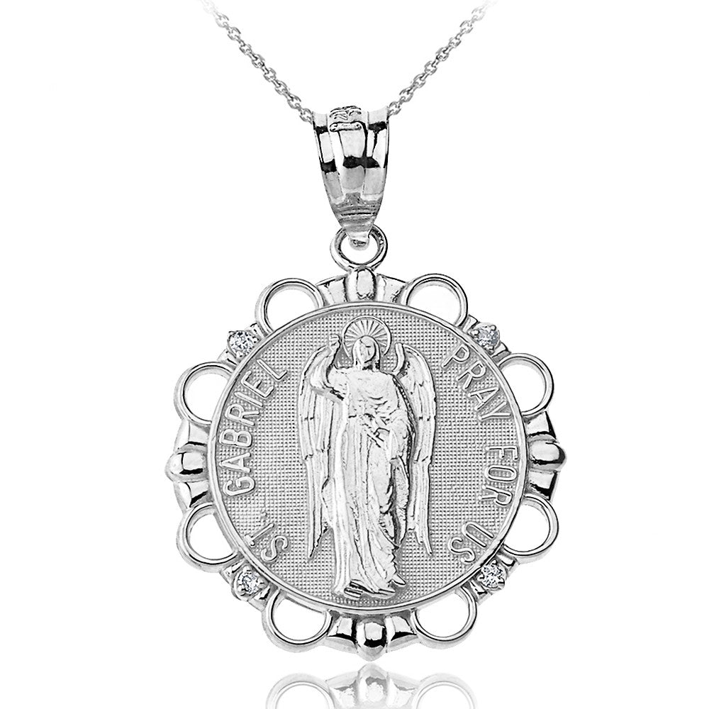 Solid Gold Diamond Saint Gabriel Pray For Us Circle Pendant Necklace, view 4