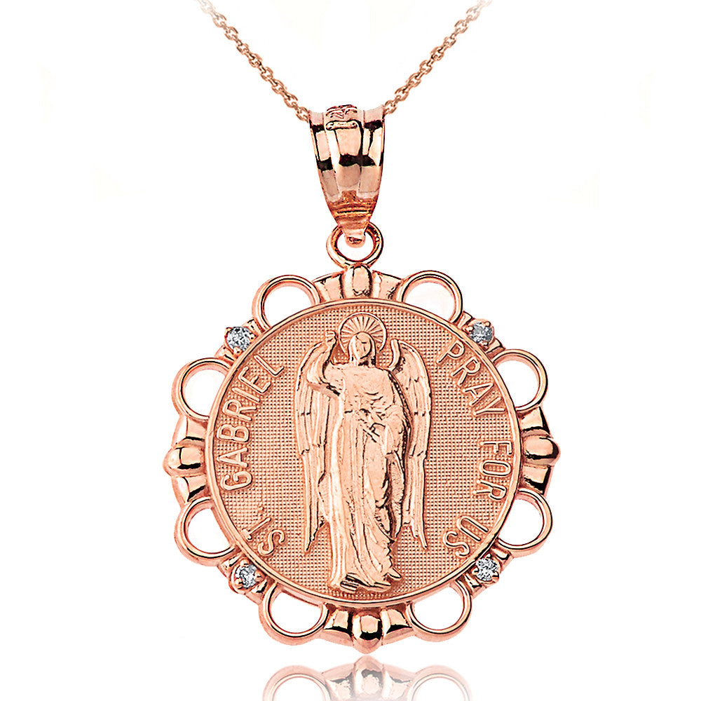 Solid Gold Diamond Saint Gabriel Pray For Us Circle Pendant Necklace, view 7