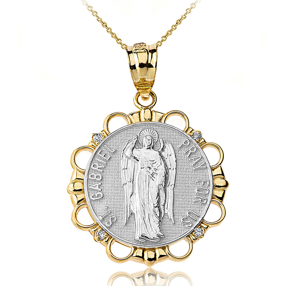 Solid Gold Diamond Saint Gabriel Pray For Us Circle Pendant Necklace, view 10