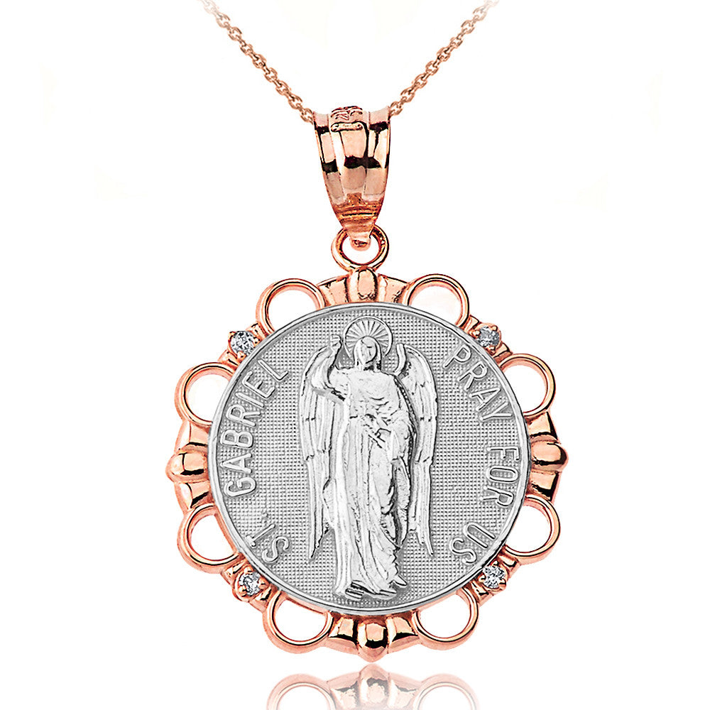 Solid Gold Diamond Saint Gabriel Pray For Us Circle Pendant Necklace, view 12