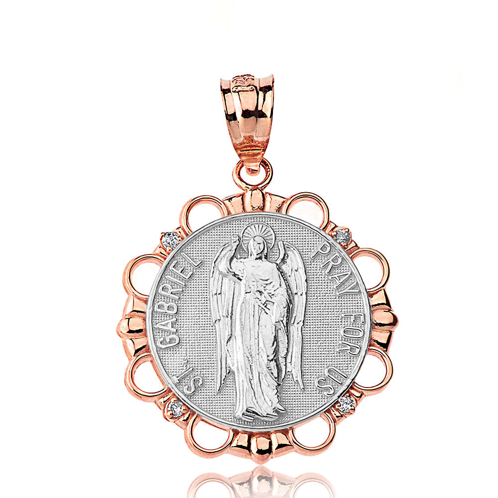 Solid Gold Diamond Saint Gabriel Pray For Us Circle Pendant Necklace, view 13