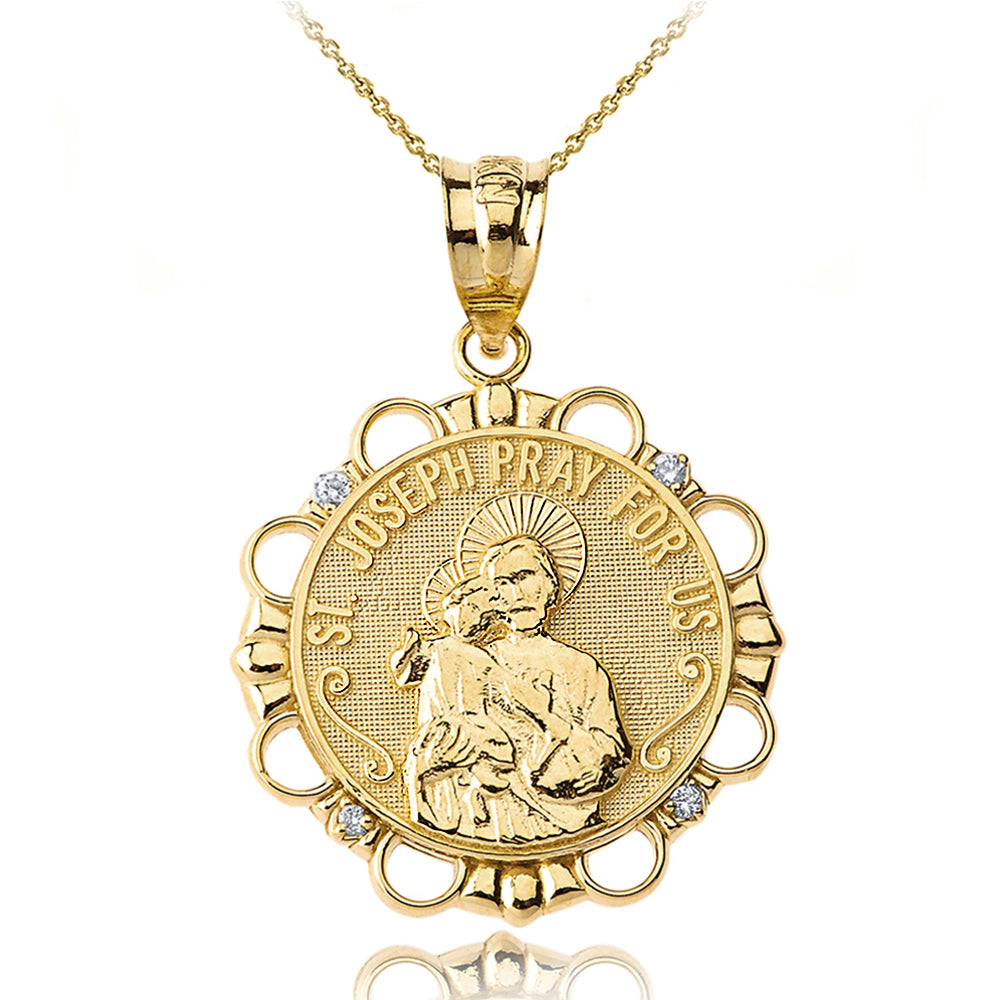 Solid Gold Diamond Saint Joseph Pray for Us Circle Pendant Necklace