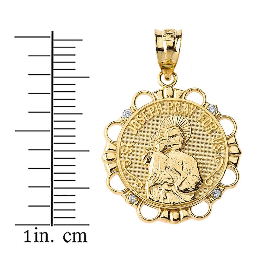 Solid Gold Diamond Saint Joseph Pray for Us Circle Pendant Necklace, view 2