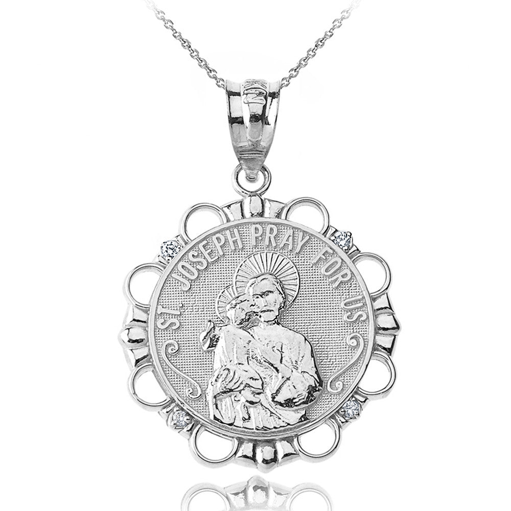 Solid Gold Diamond Saint Joseph Pray for Us Circle Pendant Necklace, view 4
