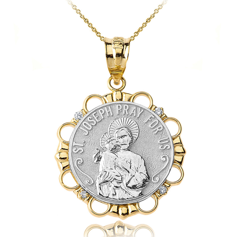 Solid Gold Diamond Saint Joseph Pray for Us Circle Pendant Necklace, view 5