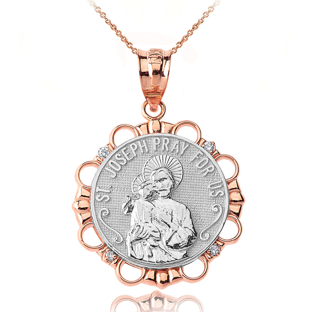 Solid Gold Diamond Saint Joseph Pray for Us Circle Pendant Necklace, view 6