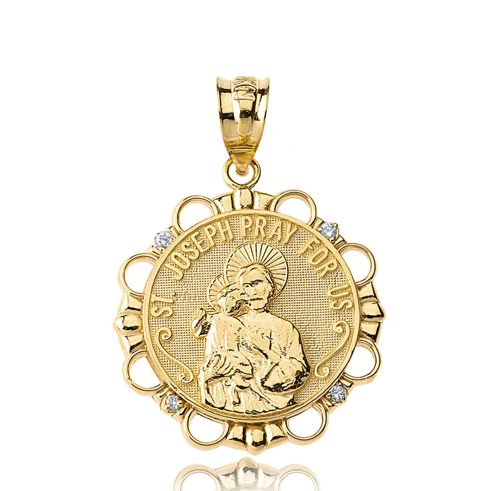 Solid Gold Diamond Saint Joseph Pray for Us Circle Pendant Necklace, view 7