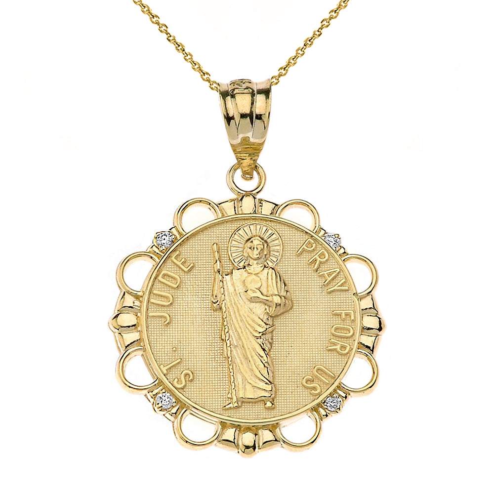 Solid Gold Diamond Saint Jude Pray For Us Circle Pendant Necklace