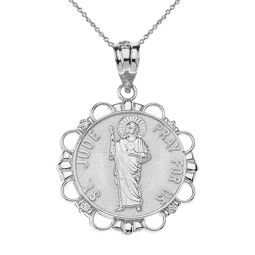 Solid Gold Diamond Saint Jude Pray For Us Circle Pendant Necklace, view 6