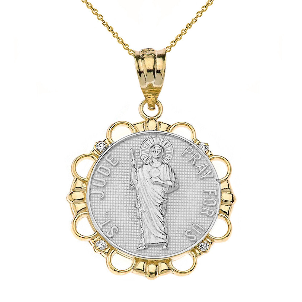 Solid Gold Diamond Saint Jude Pray For Us Circle Pendant Necklace, view 8