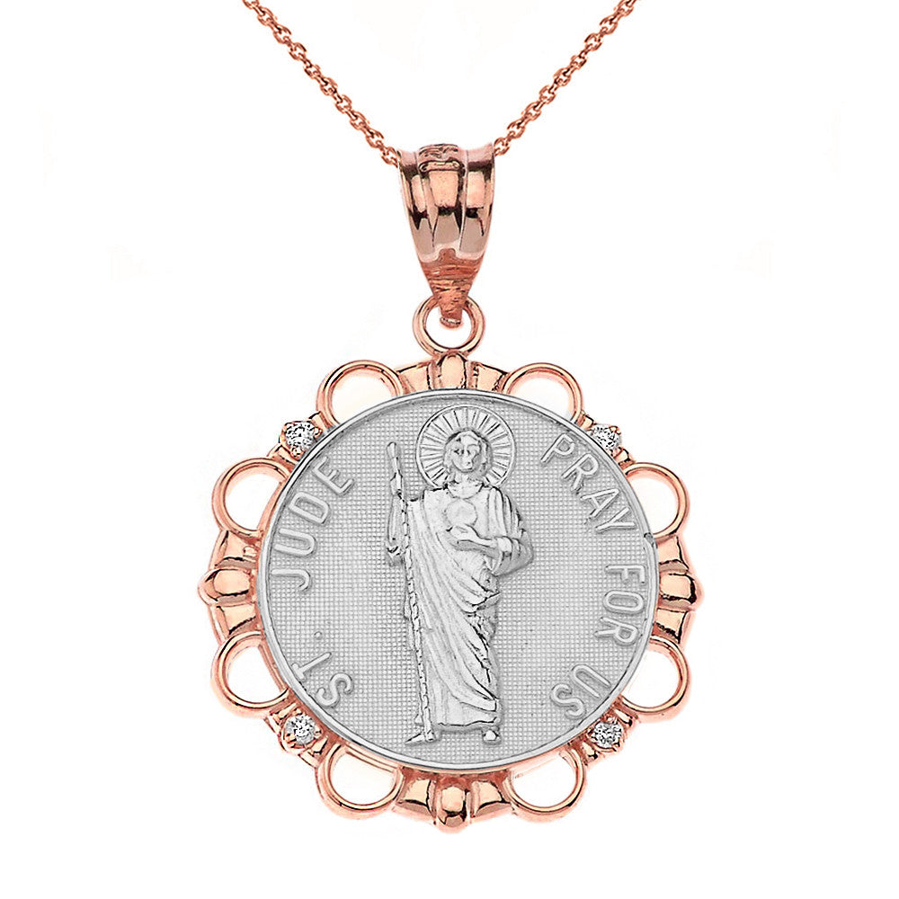 Solid Gold Diamond Saint Jude Pray For Us Circle Pendant Necklace, view 10
