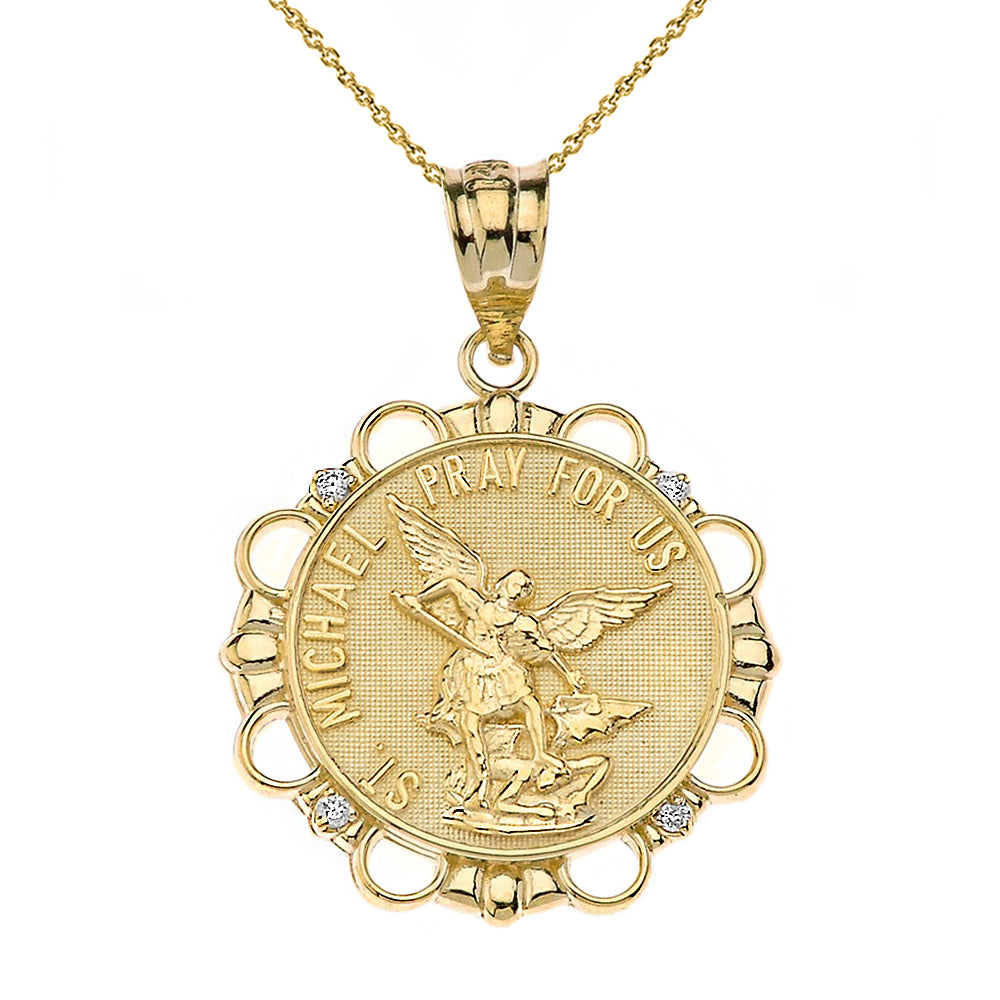 Solid Gold Diamond Saint Michael Pray For Us Circle Pendant Necklace