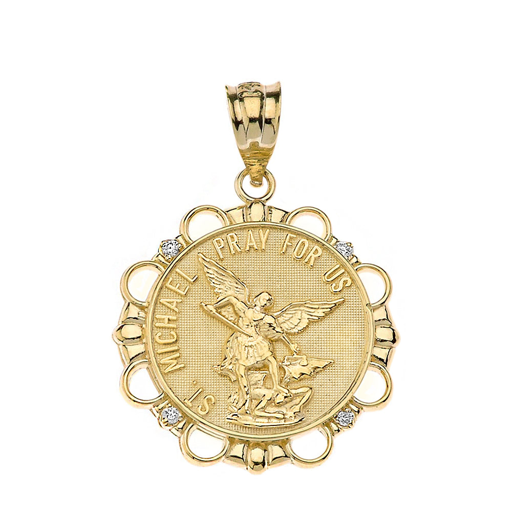 Solid Gold Diamond Saint Michael Pray For Us Circle Pendant Necklace, view 2