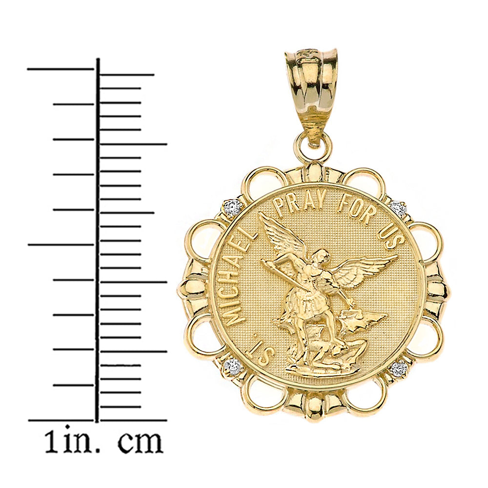Solid Gold Diamond Saint Michael Pray For Us Circle Pendant Necklace, view 3