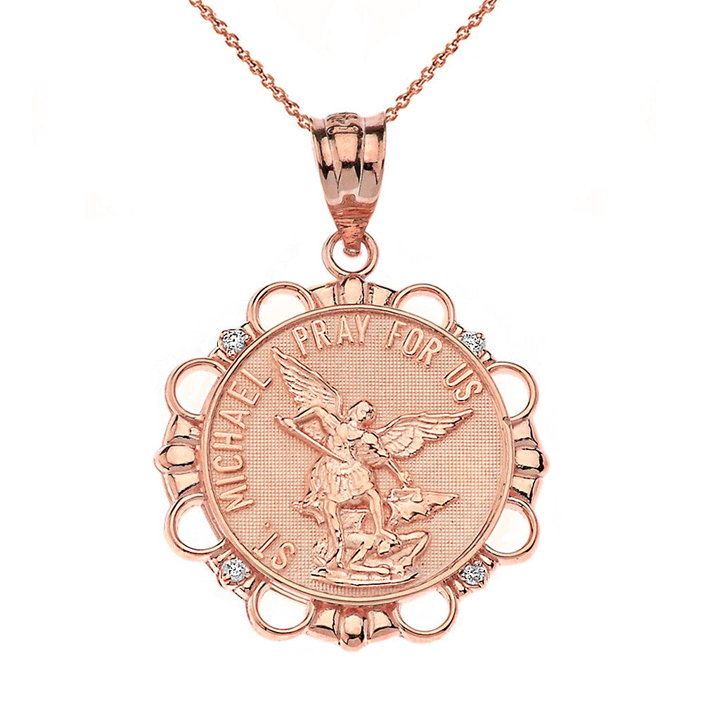 Solid Gold Diamond Saint Michael Pray For Us Circle Pendant Necklace, view 4