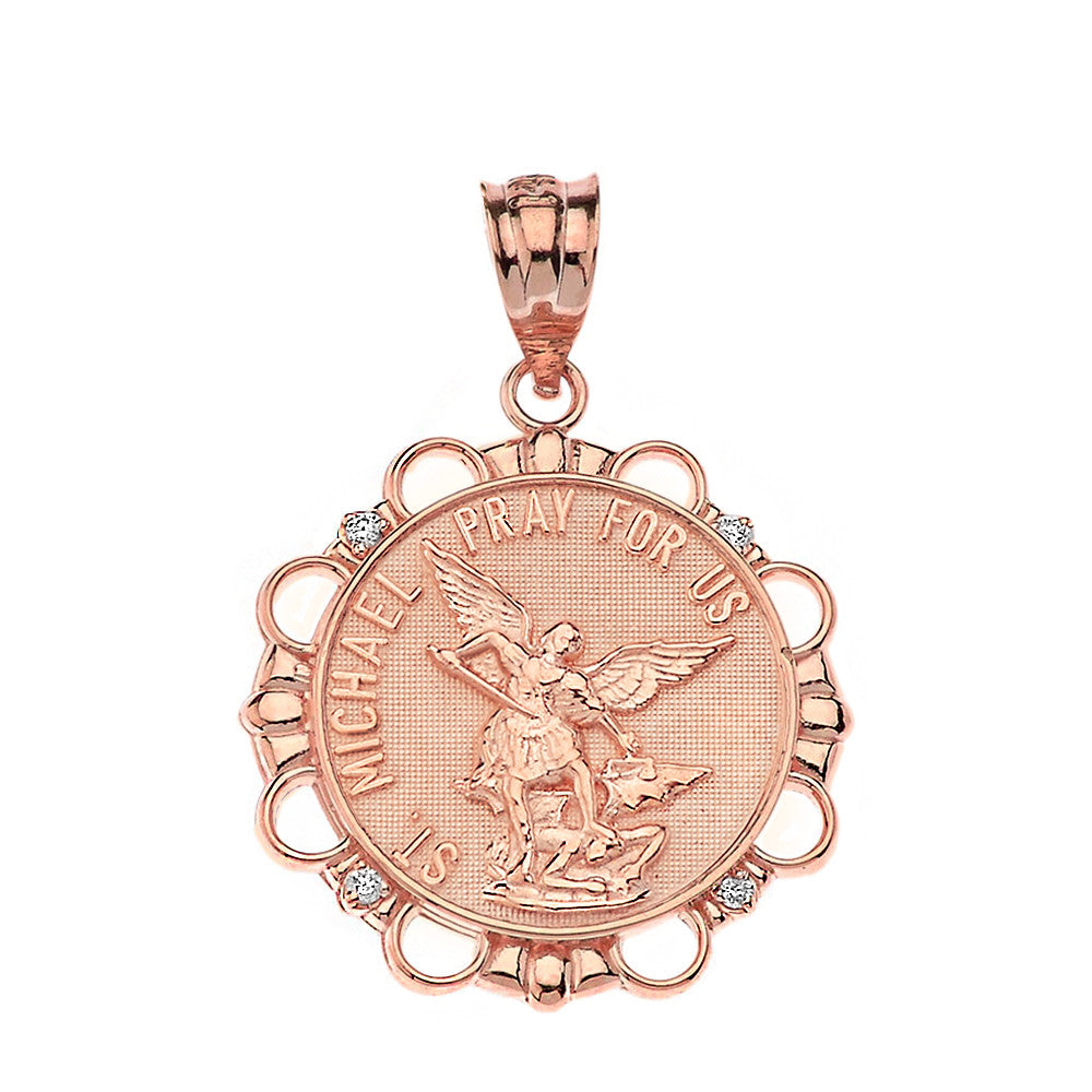 Solid Gold Diamond Saint Michael Pray For Us Circle Pendant Necklace, view 5