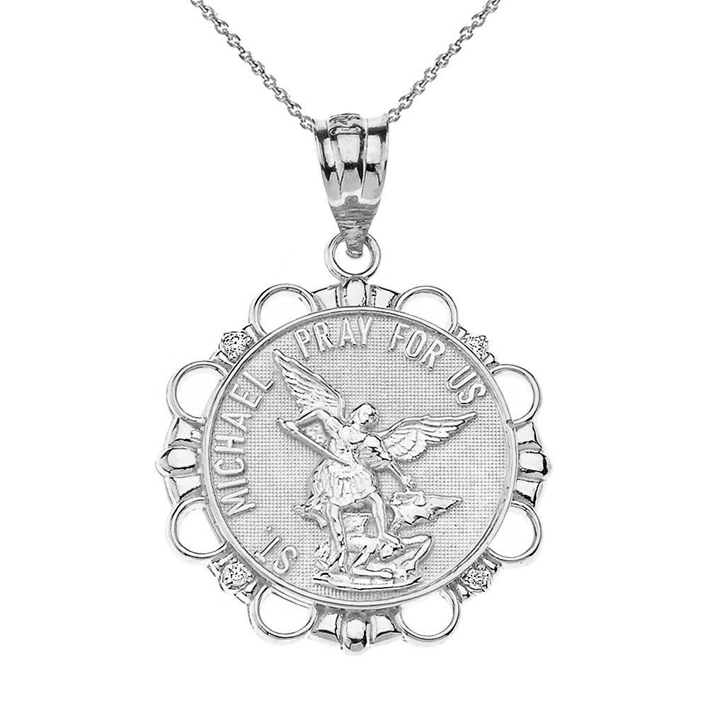 Solid Gold Diamond Saint Michael Pray For Us Circle Pendant Necklace, view 6
