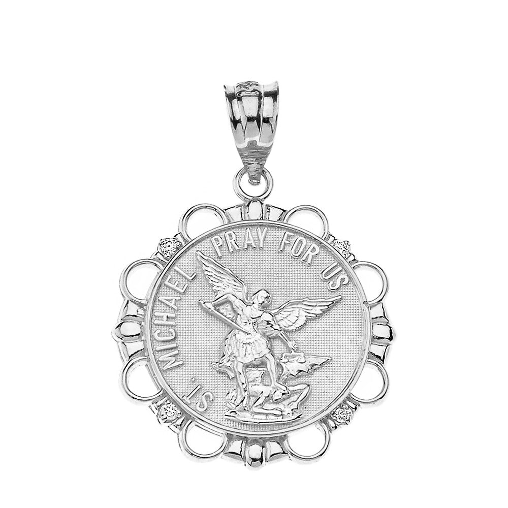 Solid Gold Diamond Saint Michael Pray For Us Circle Pendant Necklace, view 7