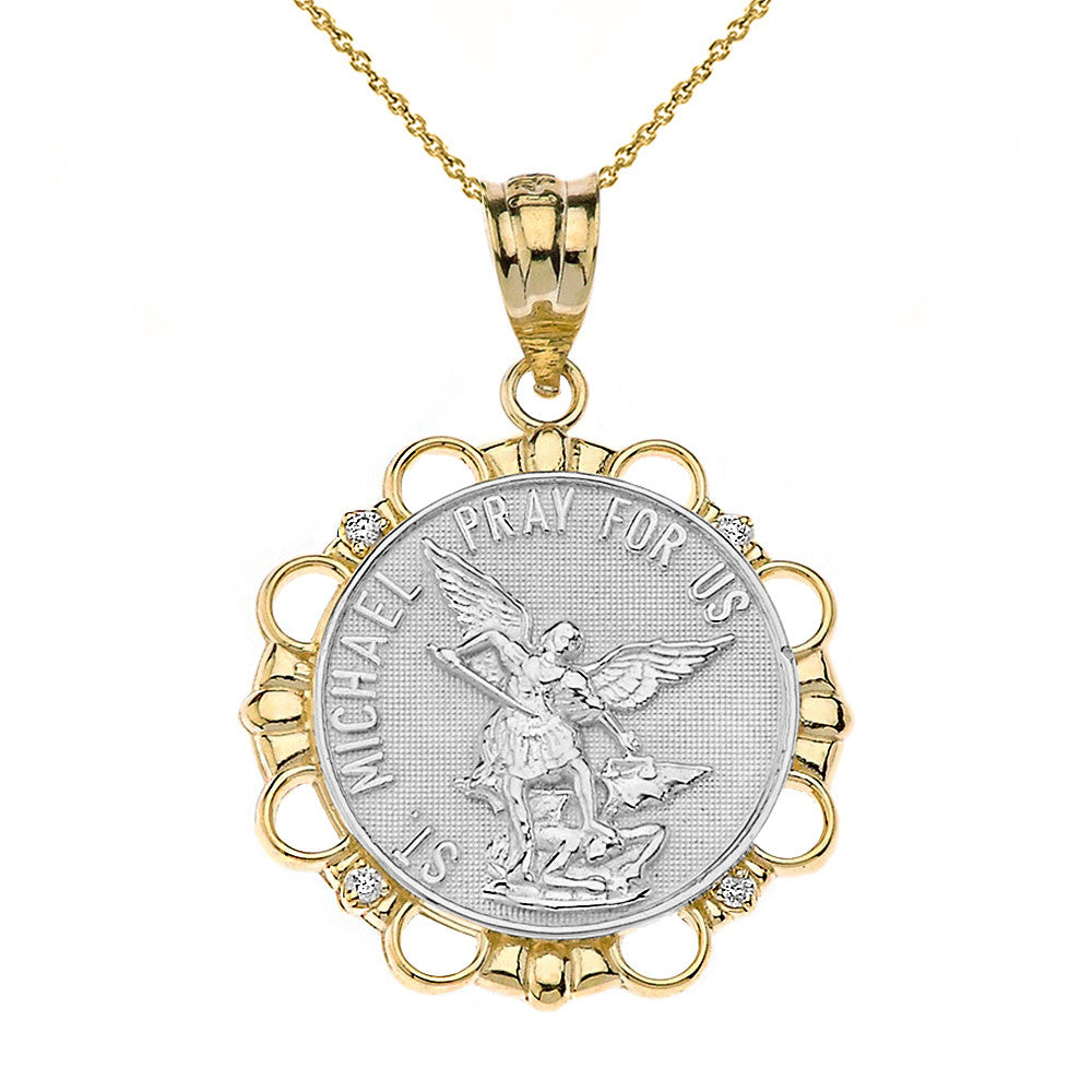 Solid Gold Diamond Saint Michael Pray For Us Circle Pendant Necklace, view 8