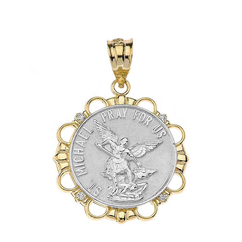 Solid Gold Diamond Saint Michael Pray For Us Circle Pendant Necklace, view 9