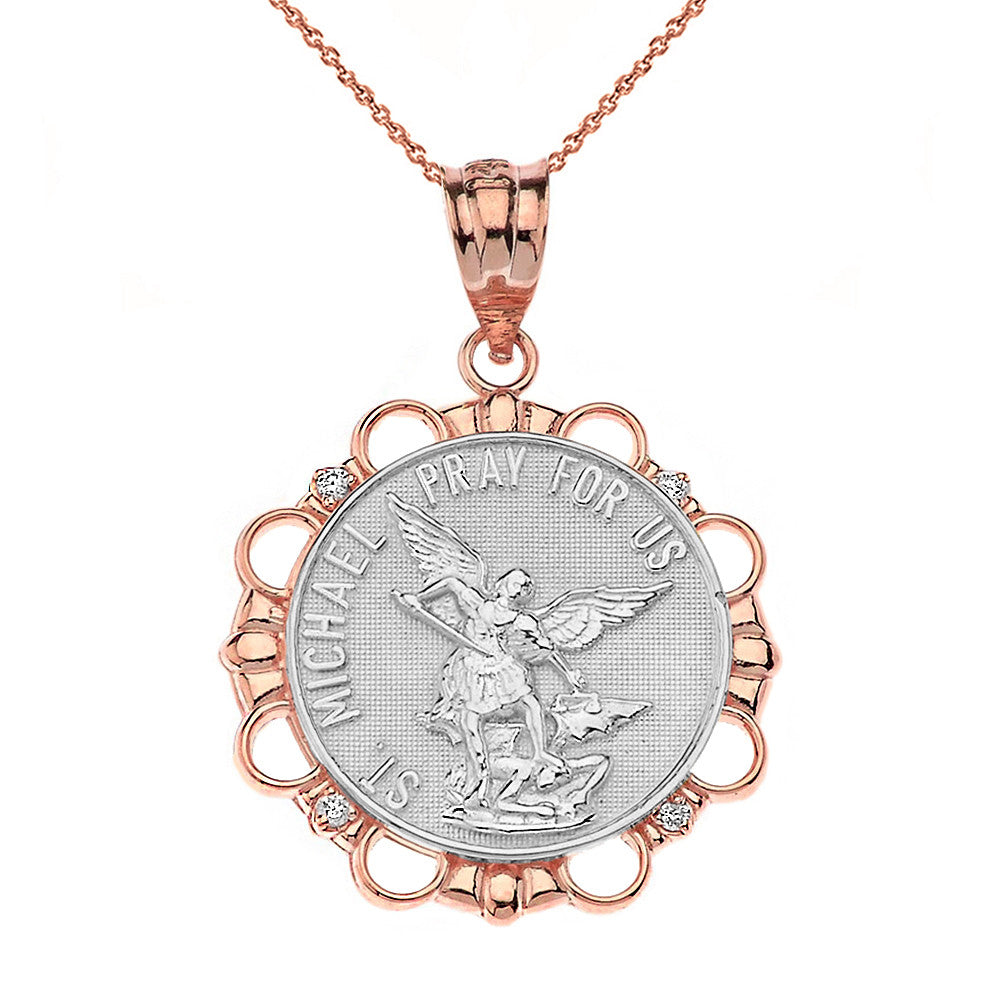 Solid Gold Diamond Saint Michael Pray For Us Circle Pendant Necklace, view 10