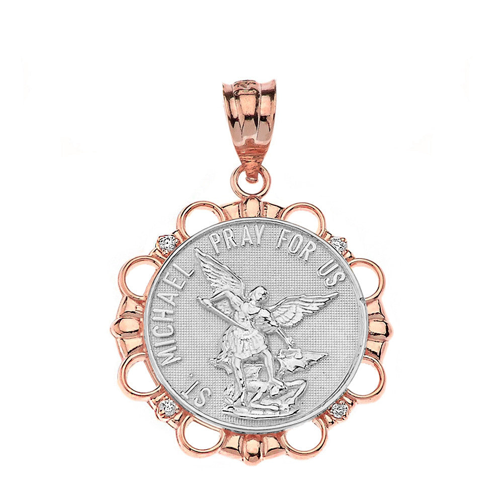 Solid Gold Diamond Saint Michael Pray For Us Circle Pendant Necklace, view 11
